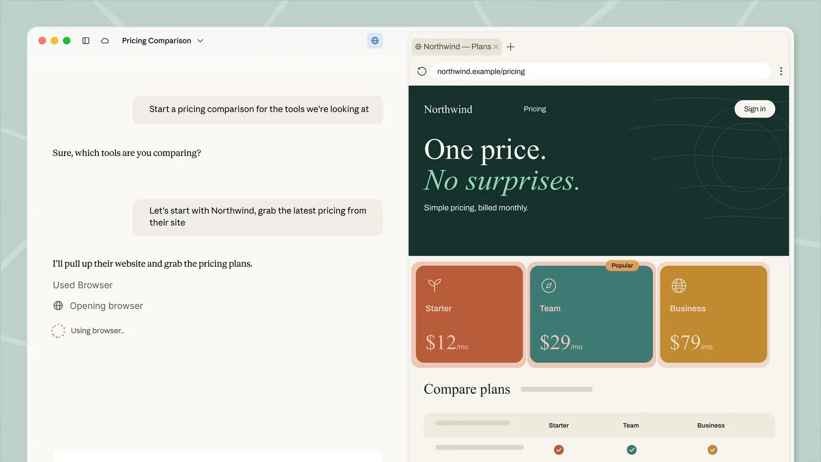 Claude Cowork using its built-in browser to gather pricing for a comparison
